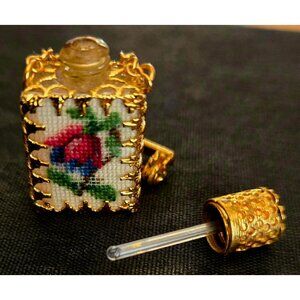 Vintage Gold-Tone Miniature Perfume Bottle Brooch With Floral Needlepoint Design